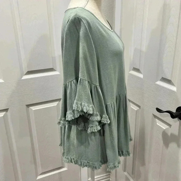 Umgee Mint Linen blend frayed edge keyhole back gathered waist blouse sh… ❤️ - Picture 6 of 9